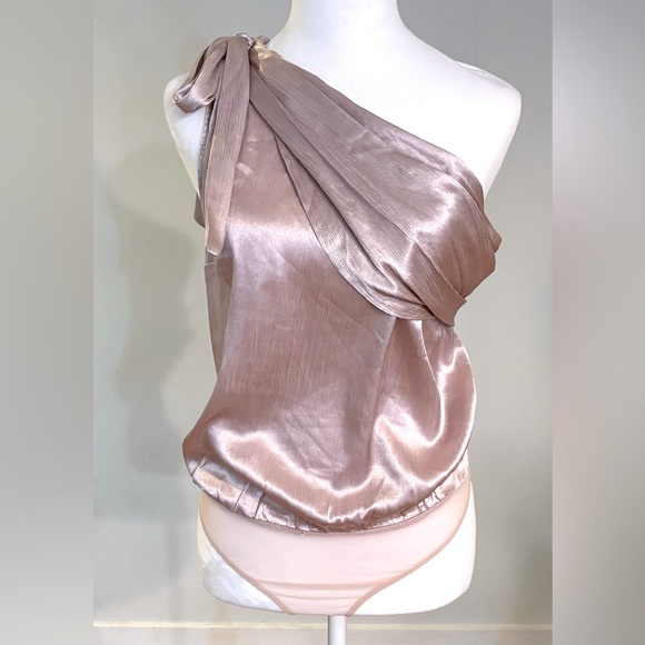 Lush Tops - NWT, Lush Satin Bodysuit, One Shoulder with Bow Detail, Champagne, Size S